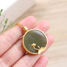 Load image into Gallery viewer, Silver Inlaid Natural Fine Jade Lotus Blossom Round Pendant Necklace Vintage Style Retro Charm Women&#39;s Jewelry
