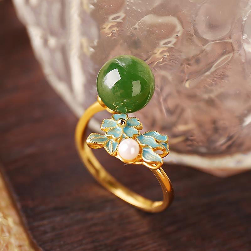 Silver Inlaid Natural Fine Jade Opening Adjustable Ring Vintage Style Retro Style Enamel Charm Women's Brand Jewelry