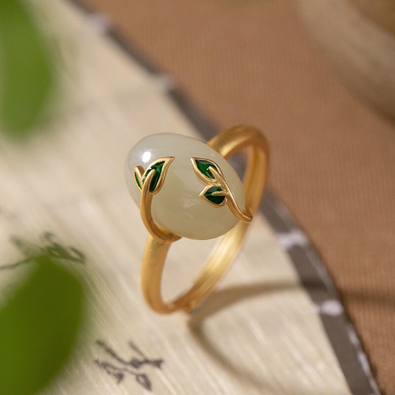 Silver Inlaid Natural Fine White Jade Retro Cloisonne Exquisite Elegant Ladies Opening Adjustable Ring