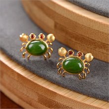 Load image into Gallery viewer, Lokaloca Silver Inlaid Natural Fine Jade Small Crab Earrings
