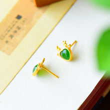 Load image into Gallery viewer, Lokaloca Silver Inlaid Natural Fine Jade Elk Earrings
