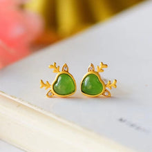 Load image into Gallery viewer, Lokaloca Silver Inlaid Natural Fine Jade Elk Earrings
