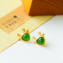 Load image into Gallery viewer, Lokaloca Silver Inlaid Natural Fine Jade Elk Earrings
