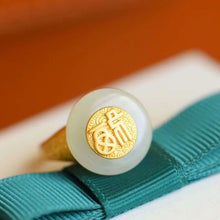 Load image into Gallery viewer, Silver Inlaid Natural Fine White Jade Adjustable Ring Vintage Style Retro Unique Ancient Golden Craft Charm Women&#39;s Jewelry
