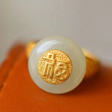 Load image into Gallery viewer, Silver Inlaid Natural Fine White Jade Adjustable Ring Vintage Style Retro Unique Ancient Golden Craft Charm Women&#39;s Jewelry
