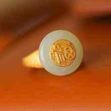 Load image into Gallery viewer, Silver Inlaid Natural Fine White Jade Adjustable Ring Vintage Style Retro Unique Ancient Golden Craft Charm Women&#39;s Jewelry
