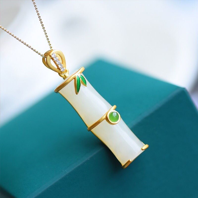 Silver Inlaid Natural Fine White Jade Bamboo Pendant Necklace Vintage Elegant Charm Women's Brand Jewelry