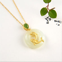 Load image into Gallery viewer, Silver Inlaid Natural Fine White Jade Dolphin Pendant Necklace Vintage Style Retro Charm Women&#39;s Jewelry
