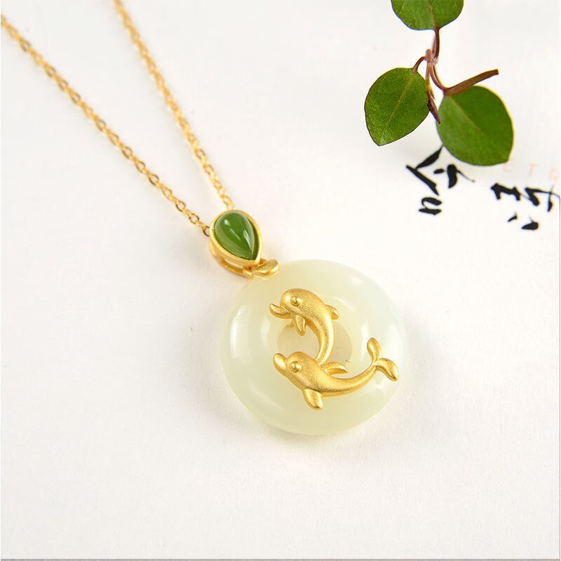 Silver Inlaid Natural Fine White Jade Dolphin Pendant Necklace Vintage Style Retro Charm Women's Jewelry