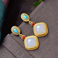 Load image into Gallery viewer, Silver Inlaid Natural Fine White Jade Earrings Vintage Style Retro Charm Unique Bohemian Women&#39;s Brand Jewelry
