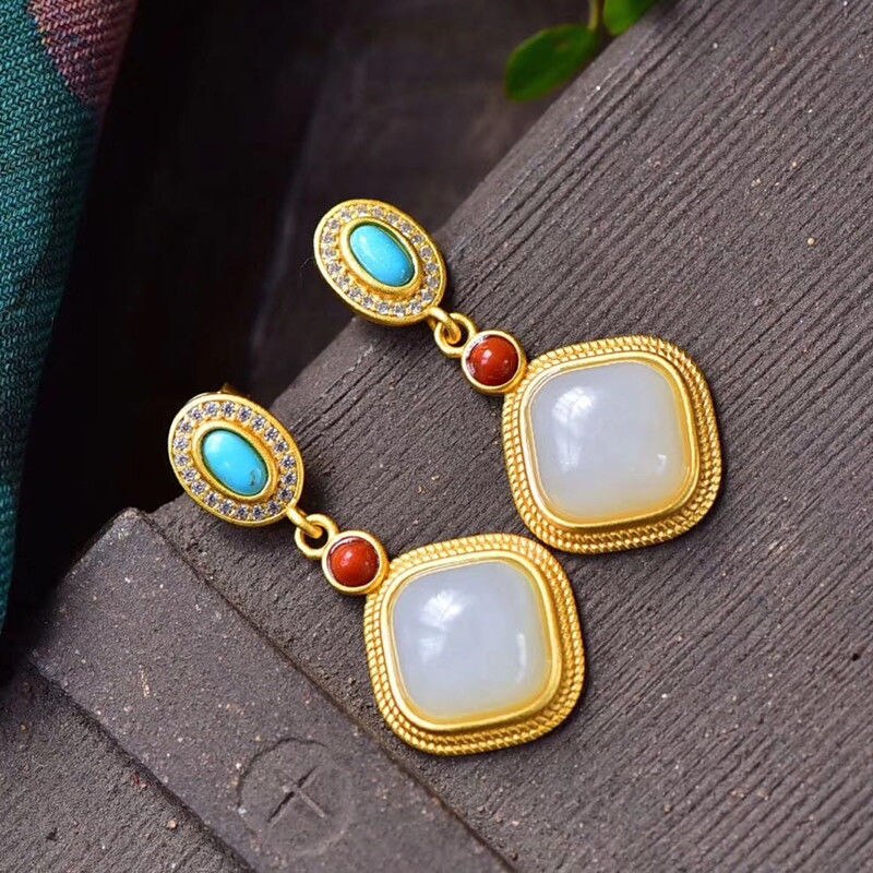 Silver Inlaid Natural Fine White Jade Earrings Vintage Style Retro Charm Unique Bohemian Women's Brand Jewelry