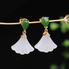 Load image into Gallery viewer, Silver Inlaid Natural Fine White Jade Ginkgo Leaf Earrings Vintage Style Retro Charm Jewelry
