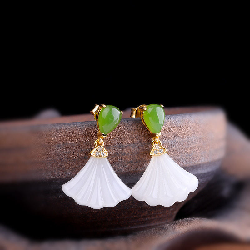 Silver Inlaid Natural Fine White Jade Ginkgo Leaf Earrings Vintage Style Retro Charm Jewelry