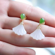 Load image into Gallery viewer, Silver Inlaid Natural Fine White Jade Ginkgo Leaf Earrings Vintage Style Retro Charm Jewelry
