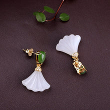 Load image into Gallery viewer, Silver Inlaid Natural Fine White Jade Ginkgo Leaf Earrings Vintage Style Retro Charm Jewelry
