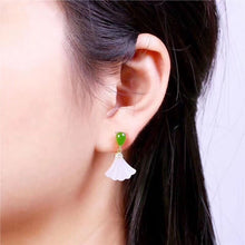 Load image into Gallery viewer, Silver Inlaid Natural Fine White Jade Ginkgo Leaf Earrings Vintage Style Retro Charm Jewelry
