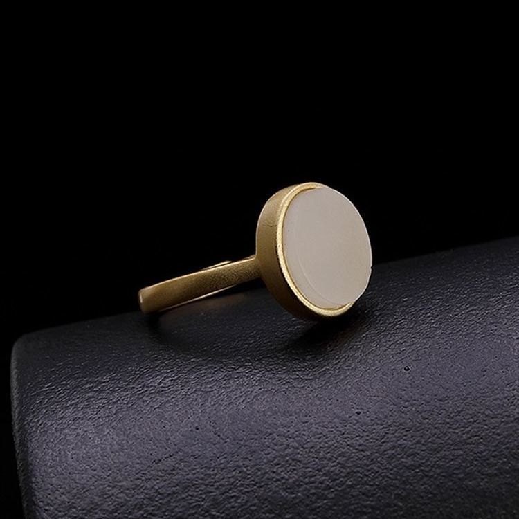 Silver Inlaid Natural Fine White Jade Oval Opening Adjustable Ring  Luxury Women's Jewelry