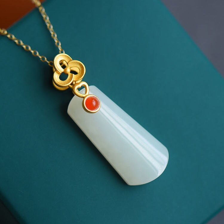 Silver Inlaid Natural Fine White Jade Pendant Necklace Vintage Style Retro Bohemian Elegant Women's Jewelry