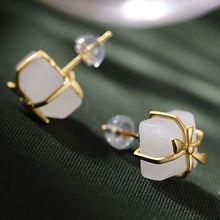 Load image into Gallery viewer, Silver Inlaid Natural White Jade Gift Box Shaped Earrings Vintage Style Retro Unique Charm Jewelry
