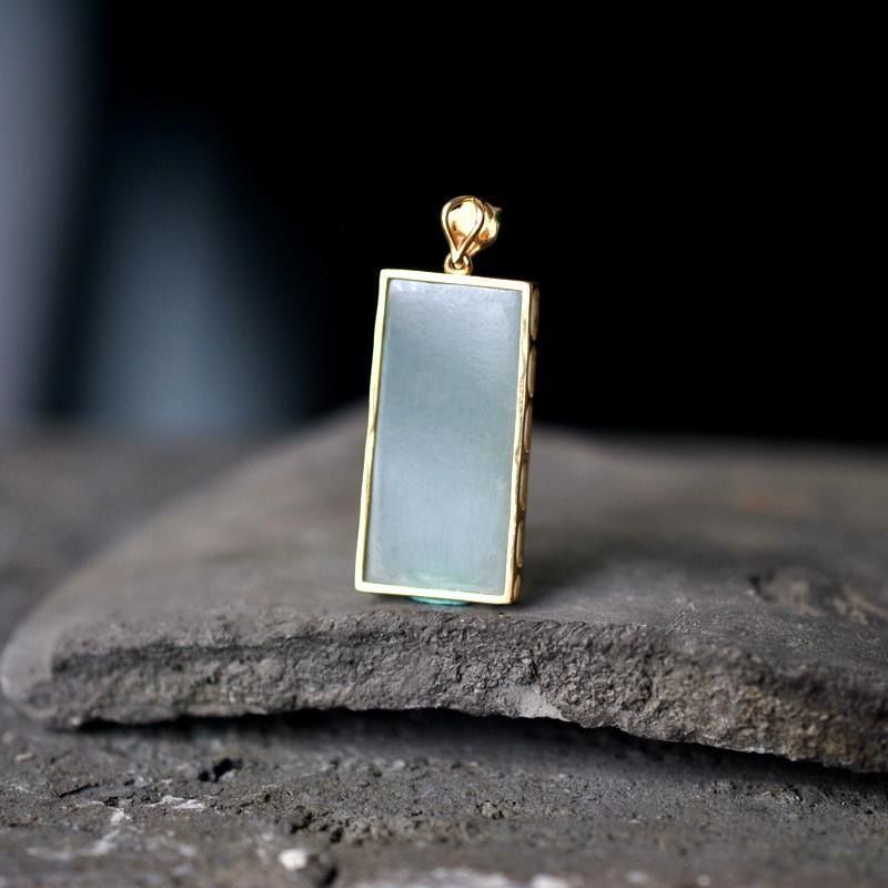 Silver Inlaid Natural Jade Square Pendant Necklace