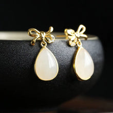 Load image into Gallery viewer, Lokaloca Silver Inlaid Natural White Jade Drop Shaped Earrings
