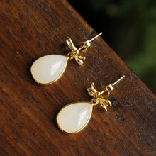 Load image into Gallery viewer, Lokaloca Silver Inlaid Natural White Jade Drop Shaped Earrings
