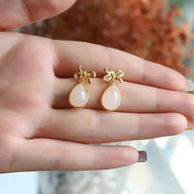 Load image into Gallery viewer, Lokaloca Silver Inlaid Natural White Jade Drop Shaped Earrings
