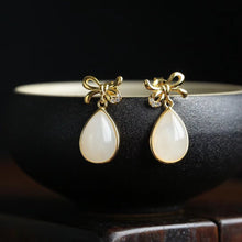 Load image into Gallery viewer, Lokaloca Silver Inlaid Natural White Jade Drop Shaped Earrings
