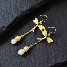 Load image into Gallery viewer, Silver Inlaid Natural White Jade Orchid Dragonfly Earrings Vintage Style Antique Craft Charm Women&#39;s Jewelry
