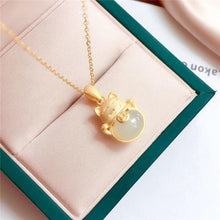 Load image into Gallery viewer, Silver Inlaid Natural White Jade Fortune Cat Pendant Necklace Vintage Style Retro Bohemian Charm Women&#39;s Jewelry
