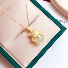 Load image into Gallery viewer, Lokaloca Silver Inlaid Natural Jade Fortune Cat Pendant Necklace
