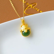 Load image into Gallery viewer, Lokaloca Silver Inlaid Natural Jade Fortune Cat Pendant Necklace
