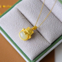 Load image into Gallery viewer, Lokaloca Silver Inlaid Natural Jade Fortune Cat Pendant Necklace
