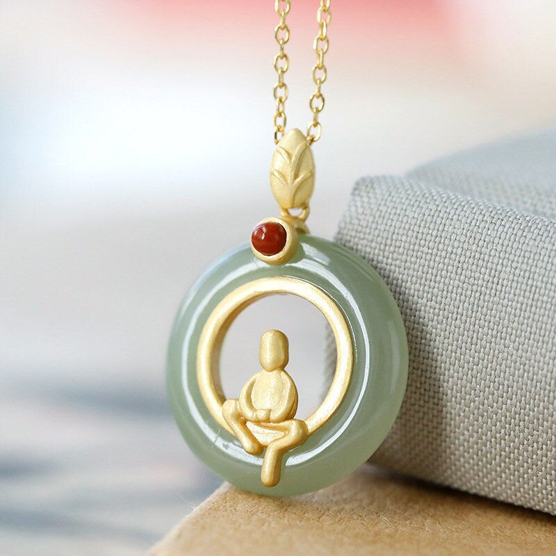 Lokaloca Silver Inlaid Natural Jade Buddha Pendant Necklace