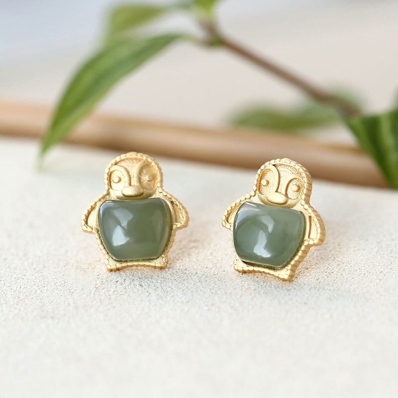 Silver Inlaid Natural Jade Penguin Earrings Vintage Style Retro Cute Romantic Jewelry