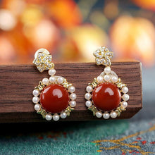 Load image into Gallery viewer, Silver Inlaid Southern Red Agate Pearl Flower Earrings Retro Ladies Exquisite Elegant Jewelry
