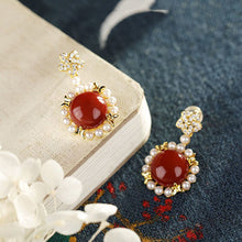 Load image into Gallery viewer, Silver Inlaid Southern Red Agate Pearl Flower Earrings Retro Ladies Exquisite Elegant Jewelry
