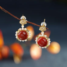 Load image into Gallery viewer, Silver Inlaid Southern Red Agate Pearl Flower Earrings Retro Ladies Exquisite Elegant Jewelry
