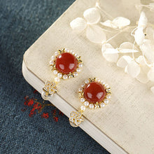 Load image into Gallery viewer, Silver Inlaid Southern Red Agate Pearl Flower Earrings Retro Ladies Exquisite Elegant Jewelry
