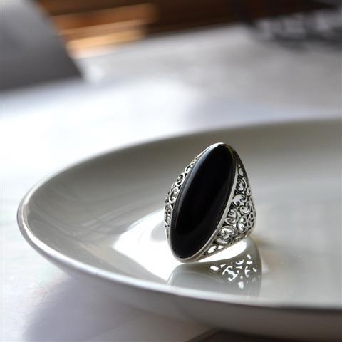 Silver Inlaid Black Agate Large Gemstone Exaggerated Opening Adjustable Ring Fashion Jewelry