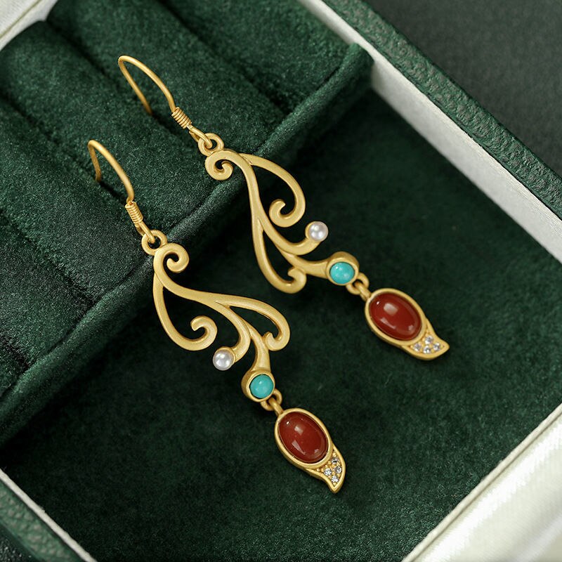 Silver Inlaid Natural Southern Red Agate Turquoise Earrings Elegant Ladies Jewelry