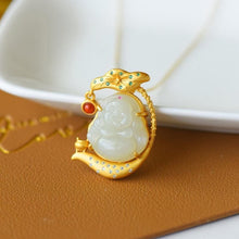 Load image into Gallery viewer, Silver Natural Fine Jade Lotus Buddha Pendant Necklace
