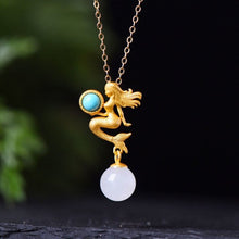 Load image into Gallery viewer, Silver Natural White Jade Turquoise Mermaid Pendant Necklace
