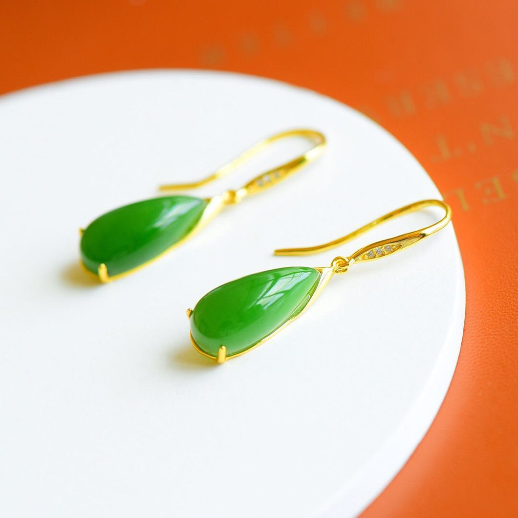 Lokaloca Silver Inlaid Natural Fine Jade Drop-shaped Earrings