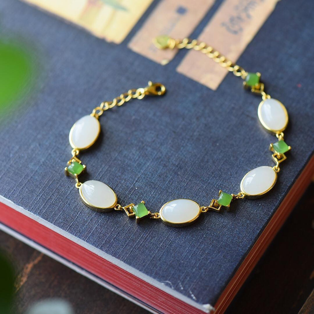 Lokaloca Inlaid Natural Fine White Jade Chalcedony Bracelet