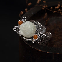 Load image into Gallery viewer, Sterling Silver Boho Design Retro Inlaid White Jade Rose Flower Lady Open Silver Ring Ring Female
