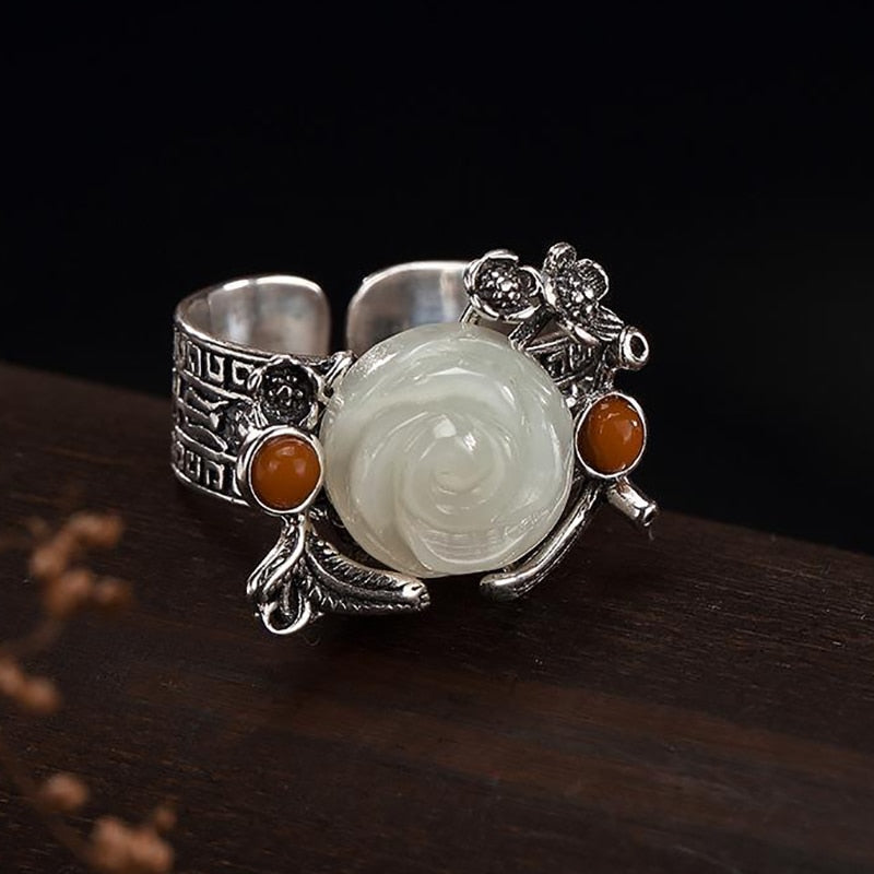 Sterling Silver Boho Design Retro Inlaid White Jade Rose Flower Lady Open Silver Ring Ring Female