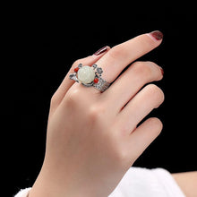 Load image into Gallery viewer, Sterling Silver Boho Design Retro Inlaid White Jade Rose Flower Lady Open Silver Ring Ring Female
