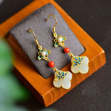 Load image into Gallery viewer, Summer Special Enamel Porcelain Inlaid Fine White Jade Pearl Clover Long Earrings Ladies Banquet Silver Jewelry
