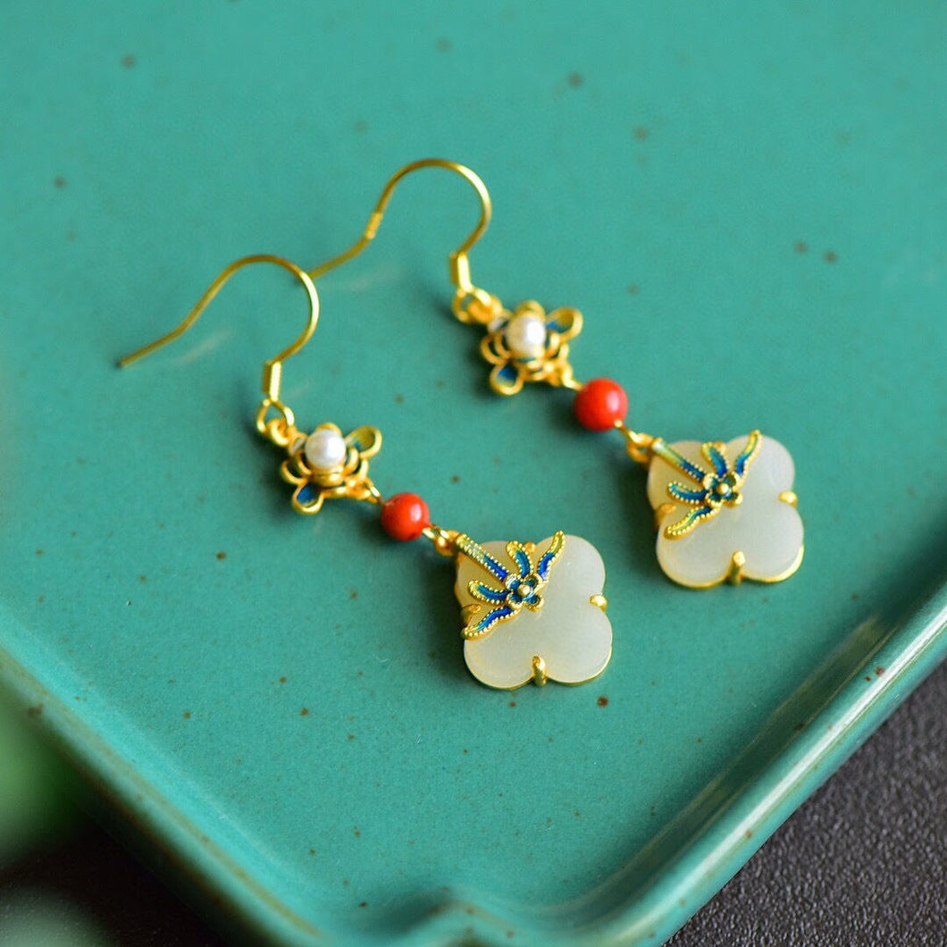 Summer Special Enamel Porcelain Inlaid Fine White Jade Pearl Clover Long Earrings Ladies Banquet Silver Jewelry